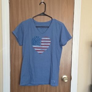 Life Is Good Blue V-Neck Tee with Flag Heart